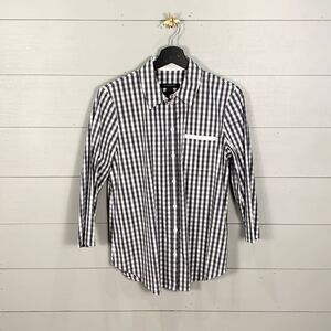 Lfayette 148 grey and white tee button down plaid checkered Womans dress shirt S